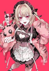 1girl :3 :d aegyo_sal apron black_bow black_dress black_headdress black_shoes blonde_hair blush bow breasts cardigan cardigan_partially_removed cleavage cleavage_cutout clothing_cutout collared_dress cross-laced_apron cross-laced_clothes cross-laced_sleeves dress elbow_carry fangs feet_out_of_frame film_grain frilled_apron frilled_shirt_collar frills from_above hair_intakes hands_up hashtag-only_commentary headdress heart heart_cutout highres holding holding_stuffed_toy kuroume_(aihikarikuroume24) leg_tattoo long_sleeves maid_apron maid_headdress makaino_ririmu makaino_ririmu_(5th_costume) multicolored_hair nijisanji official_alternate_costume open_mouth pale_skin pink_cardigan pink_hair pleated_dress pointy_ears puffy_long_sleeves puffy_sleeves red_background red_eyes ringed_eyes shoes short_dress simple_background sleeves_past_fingers sleeves_past_wrists small_breasts smile solo standing streaked_hair stuffed_animal stuffed_rabbit stuffed_toy tattoo thigh_strap tongue twintails two-tone_hair virtual_youtuber waist_apron white_apron