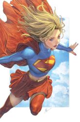 1girl blonde_hair blue_eyes boots cape commentary_request crop_top dc_comics flying homare_(fool&#039;s_art) long_sleeves looking_at_viewer open_mouth red_boots red_cape short_hair simple_background smile solo supergirl superhero_costume superman_(series) superman_logo thighhighs white_background