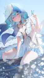 Rule 34 | 1girl, absurdres, armlet, blue butterfly, blue hair, blue nails, blue veil, blush, breasts, bug, butterfly, butterfly on hand, chamaru5963, closed mouth, colored eyelashes, commentary, dress, hair between eyes, hand up, highres, insect, jewelry, large breasts, long hair, nail polish, outdoors, purple eyes, shorekeeper (wuthering waves), sitting, sleeveless, sleeveless dress, smile, solo, symbol-only commentary, two-tone veil, veil, white dress, white veil, wuthering waves