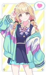 1girl absurdres arm_up bent_v blonde_hair blue_vest blush braid fujita_kotone gakuen_idolmaster hair_ribbon head_tilt heart highres idolmaster jacket light_smile long_hair looking_at_viewer multicolored_jacket pleated_skirt ribbon school_uniform shirt skirt solo spoken_heart tq_amatouchan twin_braids v vest white_shirt
