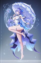 1girl absurdres asymmetrical_legwear blue_eyes blue_flower breasts cantarella_(wuthering_waves) commentary dress earrings facial_mark fingernails flower from_side full_body hair_between_eyes hair_flower hair_ornament headdress high_heels highres holding holding_umbrella idasu_(hyun9164) jellyfish jewelry kneehighs large_breasts leg_up legwear_cutout long_hair mark_under_eye nail_polish parasol parted_lips purple_hair purple_nails shoes shorts shrug_(clothing) single_thighhigh smile socks solo thighhighs thighs umbrella uneven_legwear very_long_hair white_dress white_shoes white_shorts white_shrug white_socks white_thighhighs white_umbrella wuthering_waves
