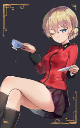 10s 1girl black_background black_skirt blonde_hair blue_eyes boots braid commentary_request cowboy_shot crossed_legs cup darjeeling_(girls_und_panzer) female_focus girls_und_panzer highres holding jacket knee_boots long_hair long_sleeves looking_at_viewer military military_uniform miniskirt ninnzinn one_eye_closed pleated_skirt red_jacket saucer short_hair sitting skirt solo teacup thighs twin_braids wet wet_hair