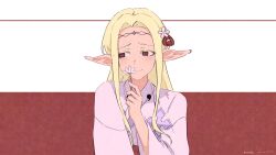Rule 34 | 1girl, absurdres, blonde hair, circlet, dated, edomae elf, eldali ilma fanomenel, elf, flower, forehead, hair flower, hair ornament, highres, holding, holding flower, japanese clothes, long hair, long sidelocks, miko, pink flower, pointy ears, red eyes, rnna, sidelocks, signature, simple background, smile, solo, two-tone background, upper body