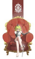 1girl absurdres bare_legs bare_shoulders barefoot between_toes black_gloves black_hat chair crossed_legs elbow_gloves feet toes gloves green_eyes green_hair hat highres holding_weapon_with_feet legs nail_polish original oshin0_(zheng) short_hair simple_background sitting soles spread_toes toenail_polish toenails toes white_background