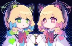 2girls :3 animal_ear_headphones animal_ears aqua_necktie arm_at_side black_background blonde_hair blue_archive blue_bow blue_outline blush_stickers bow cat_ear_headphones cat_ears closed_mouth collared_shirt commentary diagonal_bangs diamond-shaped_pupils diamond_(shape) eyes_visible_through_hair fake_animal_ears gradient_background green_eyes green_halo green_jacket hair_bow halo headphones heart highres holding_hands hood hood_down hooded_jacket jacket long_sleeves looking_at_viewer low-tied_sidelocks medium_hair midori_(blue_archive) momoi_(blue_archive) multicolored_jacket multiple_girls necktie ngawa outline parted_bangs parted_lips pink_bow pink_eyes pink_halo pink_jacket pixel_heart pixelated polka_dot polka_dot_background red_bow school_uniform shirt siblings sidelocks simple_background sisters smile sparkle symbol-shaped_pupils triangle_mouth twins upper_body v-shaped_eyebrows white_jacket white_shirt yellow_pupils