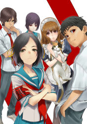 2boys 3girls alternate_eye_color alternate_hairstyle armband asahina_mikuru black_eyes black_hair brown_eyes brown_hair calico cat crossed_arms grey_hair highres koizumi_itsuki kyon long_hair maid manbou_(manvow) multiple_boys multiple_girls nagato_yuki realistic red_eyes school_uniform serafuku shamisen_(suzumiya_haruhi) short_hair suzumiya_haruhi suzumiya_haruhi_no_yuuutsu