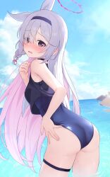 1girl absurdres adjusting_clothes adjusting_swimsuit alternate_costume ass black_eyes blue_archive blue_one-piece_swimsuit blush braid breasts colored_inner_hair commentary cowboy_shot day embarrassed from_behind grey_hair hairband halo haluka_o0 hand_on_own_ass hand_on_own_hip hand_up highres loli long_hair looking_at_viewer looking_back multicolored_hair nose_blush ocean one-piece_swimsuit open_mouth outdoors pink_hair plana_(blue_archive) red_pupils school_swimsuit single_braid skindentation sky straight_hair sunlight swimsuit thigh_strap thighs variant_set very_long_hair white_hair