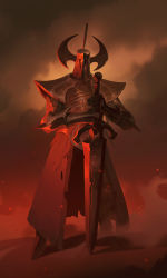 1boy absurdres ambiguous_gender armor boots cloud commentary covered_face crucible_knight elden_ring ellakremer english_commentary fake_horns fog full_armor full_body gauntlets greatsword helmet highres holding holding_sword holding_weapon horned_helmet horns knight male_focus plate_armor shoulder_armor simple_background standing sword weapon