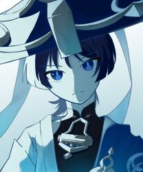 1boy black_bodysuit blue_cape blue_hat blue_pupils bodysuit cape closed_mouth consonant_n expressionless genshin_impact gold hat head_tilt highres japanese_clothes jingasa kimono looking_at_viewer male_focus mandarin_collar open_clothes open_kimono pale_skin portrait purple_eyes scaramouche_(genshin_impact) shoulder_peek sidelighting solo split_mouth straight-on tilted_headwear wanderer_(genshin_impact) white_background white_kimono white_sleeves