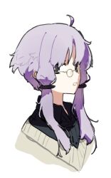1girl ahoge black_eyes black_shirt bright_pupils brown_cardigan cardigan collared_shirt commentary_request cropped_shoulders from_side glasses hair_ornament hitogome light_purple_hair looking_to_the_side low-cut open_mouth round_eyewear shirt short_hair_with_long_locks simple_background solo vocaloid voiceroid white_background white_pupils yuzuki_yukari