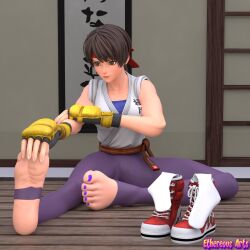 1girl 3d braid braided_ponytail brown_hair dougi ethereous_arts feet female_focus foot_focus gloves headband karate_gi pale_skin pants ponytail the_king_of_fighters thick_thighs thighs unworn_socks wide_hips yuri_sakazaki