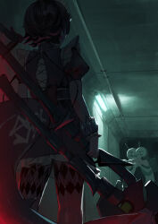 1girl 2boys absurdres black_dress black_hair black_pantyhose dark dim_lighting dress ellen_joe facing_away feet_out_of_frame fins fish_tail fluorescent_lamp frilled_dress frilled_wrist_cuffs frills from_behind gomashiwo_o highres holding holding_weapon hollow_thug_raider_(zenless_zone_zero) hug indoors maid maid_headdress multiple_boys pantyhose puffy_short_sleeves puffy_sleeves scared shark_girl shark_tail short_hair short_sleeves standing tail weapon wrist_cuffs zenless_zone_zero
