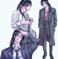 Rule 34 | 1boy, adjusting clothes, adjusting necktie, black hair, black jacket, black necktie, black shoes, brown sweater vest, cigarette, coat, collared shirt, commentary, english commentary, full body, grey coat, grey pants, hair ribbon, hand in own hair, hands in pockets, hashtag-only commentary, henoopd, highres, jacket, long hair, long sleeves, looking to the side, necktie, open clothes, open coat, pants, ponytail, profile, red ribbon, ribbon, sherlock holmes (yuukoku no moriarty), shirt, shoes, simple background, standing, sweater vest, twitter username, upper body, white background, white shirt, yuukoku no moriarty