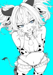1girl alternate_costume animal_ears animal_print arms_behind_back bell bikini blue_background blue_eyes breasts breasts_apart collarbone cow_ears cow_horns cow_print cow_print_bikini cow_print_gloves cow_print_thighhighs elbow_gloves fake_animal_ears fake_horns girls&#039;_frontline gloves heart heart-shaped_pupils highres holster horns looking_at_viewer medium_breasts mesuosushi navel neck_bell pa-15_(girls&#039;_frontline) print_bikini print_gloves print_thighhighs side-tie_bikini_bottom simple_background solo stomach string_bikini swimsuit symbol-shaped_pupils thigh_holster thighhighs
