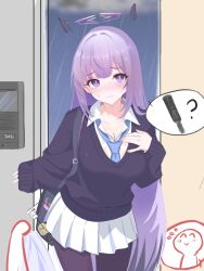 1boy 1girl artist_name blue_archive blue_necktie blush breasts cleavage collarbone collared_shirt commentary_request cowboy_shot doodle_sensei_(blue_archive) floating_headgear halo headgear highres holding holding_towel long_hair long_sleeves miniskirt necktie pantyhose pleated_skirt purple_eyes purple_hair purple_pantyhose purple_sweater rain sensei_(blue_archive) shirt sidelocks skirt sleeves_past_wrists sweater towel utaha_(blue_archive) wet wet_clothes white_shirt white_skirt yukki83130530
