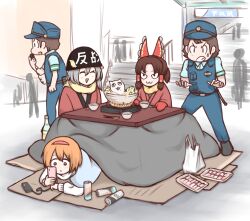 2boys 3girls :3 absurdres alice_margatroid angry benikurage_(cookie) blush bow brown_hair cat chiibou_(cookie) closed_mouth cookie_(touhou) fire full_body gakusei_undou grey_hair hair_bow hair_tubes hakurei_reimu helmet highres hinase_(cookie) holding holding_phone japanese_clothes kimono kotatsu long_hair manatsu_no_yo_no_inmu mittens miura_cat multiple_boys multiple_girls nabe open_mouth orange_hair outdoors parted_bangs phone police police_uniform policeman red_bow red_eyes red_kimono red_mittens shinki_(touhou) short_hair smile stairs strong_zero suzuki_(cookie) table touhou touhou_(pc-98) triangle_mouth walkie-talkie yuyutax8