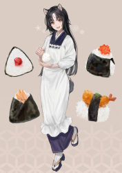 1girl absurdres animal_ears arknights black_hair brown_background caviar clothing_request dog_ears dog_girl dog_tail fang fang_out fingernails fish_(food) food food_request fried_food full_body highres ikura_(food) long_hair looking_at_viewer maria_(syake-uni) onigiri open_mouth rice saga_(arknights) shrimp shrimp_tempura simple_background three-quarter_sleeves socks solo sushi tail tempura white_socks yellow_eyes