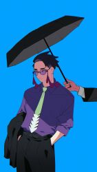 Rule 34 | 1boy, absurdres, belt, black belt, black pants, black umbrella, blue background, closed mouth, collared shirt, corbeau (pokemon), expressionless, highres, holding, holding jacket, holding unworn clothes, jacket, looking ahead, male focus, necktie, nintendo, orange eyes, out of frame, pants, pokemon, pokemon legends: z-a, purple shirt, round eyewear, samio (themioooooo), shirt, short hair, simple background, solo focus, umbrella, unworn jacket, white necktie
