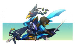 2boys anniversary armor back-to-back beak bird_boy black_cape blonde_hair blue_eyes blue_fur blue_hair blue_scarf blue_shirt blurry blush_stickers body_fur bow_(weapon) braid breastplate brown_gloves cape chromatic_aberration copyright_name cowboy_shot dated depth_of_field drawing_bow english_text fingerless_gloves from_side furry furry_male glint gloves green_eyes grey_pants grin hair_tie half-closed_eyes happy highres holding holding_bow_(weapon) holding_sword holding_weapon hood hood_up hooded_cape link male_focus master_sword multiple_boys nintendo open_mouth outside_border pants profile quad_tails revali rito scarf sheath shirt short_hair short_sleeves shoulder_pads sidelocks smile standing sword teeth the_legend_of_zelda the_legend_of_zelda:_breath_of_the_wild two-tone_fur ukata weapon white_fur winged_arms wings