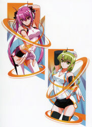 Rule 34 | 2girls, absurdres, arm up, armpits, bare shoulders, beatmania iidx, beatmania iidx 19 lincle, bemani, black thighhighs, breasts, goli matsumoto, green eyes, green hair, hair ornament, highres, kitami erika, long hair, medium breasts, mizushiro celica, multiple girls, official art, pink eyes, pink hair, short shorts, shorts, side ponytail, star (symbol), star hair ornament, thighhighs, thighs, twintails, white thighhighs