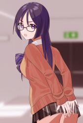 1girl alice_gear_aegis black-framed_eyewear blue_hair calico_ts glasses highres long_hair momoshina_fumika school_uniform skirt sweater