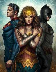 1girl 2boys armor batman belt black_hair brown_eyes brown_hair bruce_wayne cape dc_comics dccu forehead_protector gauntlets kryptonian lasso mask multiple_boys pteruges superman vambraces wonder_woman