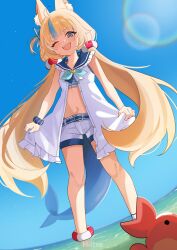 1girl ;d absurdres ahoge animal_ears bikini bikini_under_clothes blonde_hair blue_bikini blue_eyes blue_hair blue_sailor_collar blue_sky blunt_bangs cat_ears commentary day dress english_commentary fins fish_girl fish_tail frilled_bikini frilled_sailor_collar frills halterneck highres indie_virtual_youtuber kaniki_(sameko_saba) lifebuoy_hair_ornament long_hair low_twintails midriff mittsu multicolored_hair navel one_eye_closed one_side_up open_mouth outdoors sailor_collar sailor_dress sameko_saba scrunchie short_shorts shorts sky sleeveless sleeveless_dress smile solo standing streaked_hair striped_bikini striped_clothes swimsuit tail teeth twintails unbuttoned upper_teeth_only very_long_hair virtual_youtuber wading white_dress white_hair white_shorts wrist_scrunchie