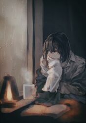 1boy absurdres black_hair blue_eyes book collared_shirt cup doyamemo_f fate/grand_order fate_(series) highres indoors long_sleeves male_focus medium_hair mug oberon_(fate) oberon_(third_ascension)_(fate) rain shirt solo white_shirt window