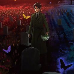 1boy bouquet brown_hair bug butterfly cleaned coat collared_shirt eren_yeager flower grave graveyard green_coat green_eyes highres insect long_coat long_sleeves necktie official_art parted_bangs serious shadow shingeki_no_kyojin shirt short_hair three-quarter_sleeves solo standing white_shirt