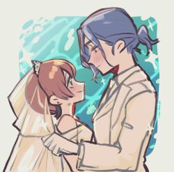 1boy 1girl amate_yuzuriha aqua_eyes blue_hair blush bridal_veil commentary_request dress gundam gundam_gquuuuuux hetero highres hinachanchi_ii looking_at_another ponytail profile red_eyes red_hair short_hair shuji_ito tiara upper_body veil wedding wedding_dress wedding_suit