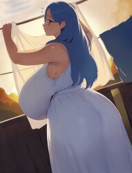 1girl armpits arms_up ass balcony black-framed_eyewear blue_hair breasts butt_crack_outline clothesline coco_(setawar) dress drying drying_clothes from_behind gigantic_breasts glasses green_eyes huge_breasts long_hair looking_back mature_female original outdoors plump semi-rimless_eyewear sleeveless sleeveless_dress smile solo standing sunset sweatdrop under-rim_eyewear white_dress