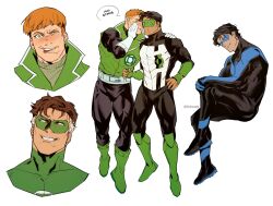 4boys bara batman_(series) black_bodysuit black_hair blue_bodysuit bodysuit brown_hair dc_comics dick_grayson domino_mask english_text gloves green_bodysuit green_lantern green_lantern_(series) green_vest guy_gardner hal_jordan highres kyle_rayner large_pectorals mask melonnabar multicolored_bodysuit multiple_boys muscular muscular_male nightwing orange_hair pectorals short_hair simple_background smile teeth tongue tongue_out twitter_username vambraces vest white_background white_bodysuit white_gloves