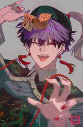 Rule 34 | 1boy, bead necklace, beads, chinese clothes, earrings, fangs, green hat, grey background, hair between eyes, hand up, hat, highres, hoshina soshiro, jewelry, jiangshi, kaijuu no. 8, kitsune (ly howe), looking at viewer, necklace, one eye closed, open mouth, purple hair, red nails, short hair, solo, tassel, tassel earrings, tongue, tongue out
