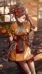 1girl absurdres arm_behind_head arm_support black_gloves black_pantyhose blonde_hair chiori_(genshin_impact) commentary_request drill_hair drill_ponytail expressionless falling_leaves food fruit genshin_impact gloves hair_ornament hand_up highres japanese_clothes leaf looking_at_viewer medium_hair multicolored_hair obi outdoors pantyhose parted_lips red_eyes sash short_sleeves side_ponytail sitting solo tatami torn_clothes torn_pantyhose utsuhostoria vision_(genshin_impact)