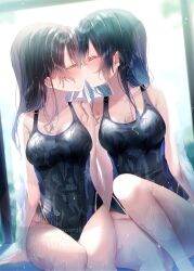 2girls bare_shoulders black_hair black_one-piece_swimsuit blush breasts brown_hair cleavage closed_eyes covered_navel highres kiss long_hair medium_breasts multiple_girls navel one-piece_swimsuit original school_swimsuit swimsuit touki_matsuri wet yuri