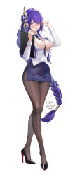 Rule 34 | 1girl, absurdres, adjusting eyewear, alternate costume, between breasts, black pantyhose, breasts, cleavage, commentary request, full body, genshin impact, glasses, hair ornament, high heels, highres, holding, holding notepad, large breasts, long hair, mole, mole under eye, necktie, necktie between breasts, notepad, office lady, open mouth, pantyhose, pencil skirt, purple eyes, purple hair, purple skirt, raiden shogun, sanvicept, shirt, simple background, skirt, solo, twitter username, very long hair, white background, white shirt