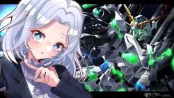 1girl :o absurdres aiming black_jacket blue_eyes blush collared_shirt commission frilled_shirt frills full_armor_unicorn_gundam glowing glowing_eye green_eyes grey_shirt gun gundam gundam_unicorn highres holding holding_gun holding_weapon indie_virtual_youtuber jacket large_variant_set looking_at_viewer looking_to_the_side mecha missile_pod mobile_suit nt-d otomi_shia papa-kun_(destiny549-2) parted_bangs pointing pointing_to_the_side robot science_fiction shirt silver_hair skeb_commission sleeveless sleeveless_shirt unicorn_gundam v-fin variant_set virtual_youtuber weapon
