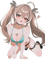 Rule 34 | 1girl, absurdres, ahoge, all fours, alternate costume, alternate hairstyle, arm support, between breasts, bikini, black bikini, black choker, black hair, black shoes, breasts, brown eyes, brown hair, choker, cleavage, commentary, crossed bangs, double-parted bangs, friend (nanashi mumei), front-tie bikini top, front-tie top, full body, hair between eyes, hana20000920, highres, hololive, hololive english, long hair, looking at viewer, medium breasts, mismatched bikini, multicolored hair, nanashi mumei, navel, o-ring, o-ring bikini, open mouth, shoes, simple background, solo, streaked hair, swimsuit, symbol-only commentary, teeth, thigh strap, twintails, upper teeth only, virtual youtuber, white background, white hair