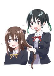 Rule 34 | 2girls, black hair, black jacket, blue eyes, blush, brown hair, brushing another&#039;s hair, brushing hair, collared shirt, commentary request, cropped torso, embarrassed, flying sweatdrops, gradient hair, green eyes, green hair, hair between eyes, highres, holding another&#039;s hair, jacket, long hair, love live!, love live! nijigasaki high school idol club, multicolored hair, multiple girls, neck ribbon, nijigasaki school uniform, open clothes, open jacket, open mouth, osaka shizuku, ribbon, school uniform, shirt, sidelocks, simple background, takasaki yu, twintails, watanabe nako, white background, winter uniform