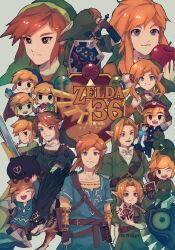 6+boys absurdres animal anniversary apple blonde_hair blue_eyes blue_tunic brown_gloves brown_hair brown_pantyhose closed_mouth collarbone copyright_name ezlo fairy food fruit gauntlets gloves grey_background highres holding holding_animal holding_food holding_fruit holding_mask holding_shield holding_sword holding_weapon hylian_shield link majora_(entity) male_focus mask mask_of_truth multiple_boys multiple_persona navi nintendo open_mouth pantyhose pointy_ears apple rupee_(zelda) sheikah_slate shield shield_on_back short_hair sidelocks smile sword teeth the_legend_of_zelda the_legend_of_zelda:_a_link_to_the_past the_legend_of_zelda:_breath_of_the_wild the_legend_of_zelda:_four_swords the_legend_of_zelda:_majora&#039;s_mask the_legend_of_zelda:_ocarina_of_time the_legend_of_zelda:_oracle_of_ages the_legend_of_zelda:_oracle_of_seasons the_legend_of_zelda:_skyward_sword the_legend_of_zelda:_spirit_tracks the_legend_of_zelda:_the_minish_cap the_legend_of_zelda:_the_wind_waker the_legend_of_zelda:_twilight_princess the_legend_of_zelda_(nes) toon_link tunic upper_teeth_only weapon weapon_on_back wolf_link yyu_pu