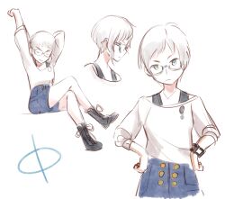 1girl androgynous arm_behind_head arm_up black_boots blue_eyes blue_shorts boots bracelet brooch closed_mouth commentary cropped_legs from_side full_body hands_on_own_hips high-waist_shorts highres jewelry kyokugen_dasshutsu long_sleeves mismatched_eyebrows multiple_views phi_(kyokugen_dasshutsu) portrait shirt shoelaces short_hair shorts simple_background stalkeralker stretching very_short_hair white_background white_hair white_shirt zero_escape:_toki_no_dilemma