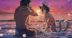 Rule 34 | 1boy, 1girl, animal ears, betabeet, bikini, black hair, blue archive, blush, breasts, bright pupils, cat ears, cat tail, choker, cleavage, commentary, facing another, halo, haori, highres, japanese clothes, kikyou (blue archive), kikyou (swimsuit) (blue archive), multiple tails, navel, official alternate costume, outdoors, playing, sensei (blue archive), short hair, smile, splashing, sunset, swimsuit, tail, topless male, towel, towel around neck, twilight, wading, white pupils