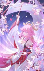 1girl absurdres animal_ears aqinorz bare_shoulders blush breasts detached_sleeves earrings flower fox_ears genshin_impact hair_between_eyes hair_ornament highres japanese_clothes jewelry long_hair petals pink_hair procreate_(medium) purple_eyes sideboob smile solo wide_sleeves yae_miko