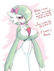 1girl arms_at_sides blush bob_cut bow breasts choker collarbone colored_skin creatures_(company) crying english_text female_focus game_freak gardevoir gen_3_pokemon green_hair green_skin hair_bow hair_over_one_eye half-closed_eyes highres large_breasts lonely multicolored_skin nintendo noir_(noirchaton) nose_blush one_eye_covered parted_lips pink_background pokemon pokemon_(creature) raised_eyebrows red_bow red_choker red_eyes sad short_hair solo speech_bubble standing talking tears two-tone_skin white_skin wide_hips