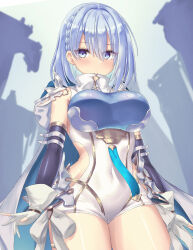 1girl aqua_background arms_at_sides bare_shoulders blue_eyes blue_hair blush braid breasts closed_mouth clothing_cutout commentary_request covered_navel cowboy_shot detached_sleeves dreizehn_(shadowverse) dress eyelashes eyes_visible_through_hair film_grain gloves hair_between_eyes highres impossible_clothes large_breasts light_frown looking_at_viewer medium_hair partially_fingerless_gloves shadowverse shadowverse:_worlds_beyond shiny_skin side_braid side_cutout simple_background sleeveless sleeveless_dress solo turtleneck white_dress white_gloves yuunagi_(yunagi1373)