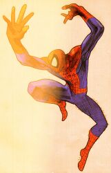 1boy absurdres bengus blue_bodysuit bodysuit capcom game_cg highres jumping looking_to_the_side male_focus marvel marvel_vs._capcom marvel_vs._capcom_2 mask muscular muscular_male non-web_source outstretched_arms red_bodysuit scan sidelighting solo spider-man spider-man_(series) spider_web_print superhero_costume two-tone_bodysuit