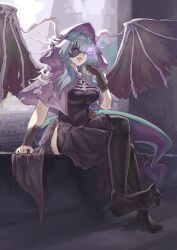 1girl absurdres black_dress black_souls black_souls_2 black_thighhighs capelet chercly covered_navel dragon_girl dragon_horns dragon_tail dragon_wings dress feet glowing glowing_eye grey_hair hair_between_eyes highres hood hooded_capelet horns jabberwock_(black_souls) jewelry long_hair no_shoes open_mouth purple_eyes ring sitting smile soles solo tail thighhighs wings