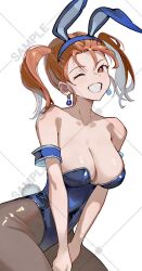 1girl animal_ear_hairband animal_ears bare_shoulders blue_gemstone blue_hairband blue_leotard breasts brown_pantyhose cleavage commentary_request cosplay cowboy_shot curvy detached_sleeves dragon_quest dragon_quest_iii dragon_quest_viii earrings fake_animal_ears fake_tail gadabout_(dq3) gadabout_(dq3)_(cosplay) gem grin hairband highleg highleg_leotard highres in-franchise_crossover jessica_albert jewelry leotard long_hair looking_to_the_side numao_sub one_eye_closed orange_eyes orange_hair pantyhose playboy_bunny rabbit_ears rabbit_tail sample_watermark smile solo sphere_earrings strapless strapless_leotard tail twintails watermark white_background wide_hips