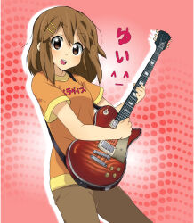 1girl ^_^ blush brown_eyes brown_hair cactus32 closed_eyes dot_nose electric_guitar feet_out_of_frame female_focus gibson_les_paul guitar hair_between_eyes hair_ornament hairclip hirasawa_yui holding holding_guitar holding_instrument instrument japanese_text k-on! looking_at_viewer open_mouth pants short_hair short_sleeves solo teeth