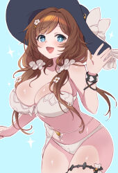 1girl bare_shoulders bikini black_hat blue_eyes blush bow bracelet breasts brown_hair cleavage collarbone ekra flower flower_hairpin granblue_fantasy hair_flower hair_ornament hat highres jewelry large_breasts long_hair looking_at_viewer navel open_mouth raziel_(granblue_fantasy) raziel_(summer)_(granblue_fantasy) simple_background smile solo stomach sun_hat swimsuit thigh_strap twintails white_bikini white_bow